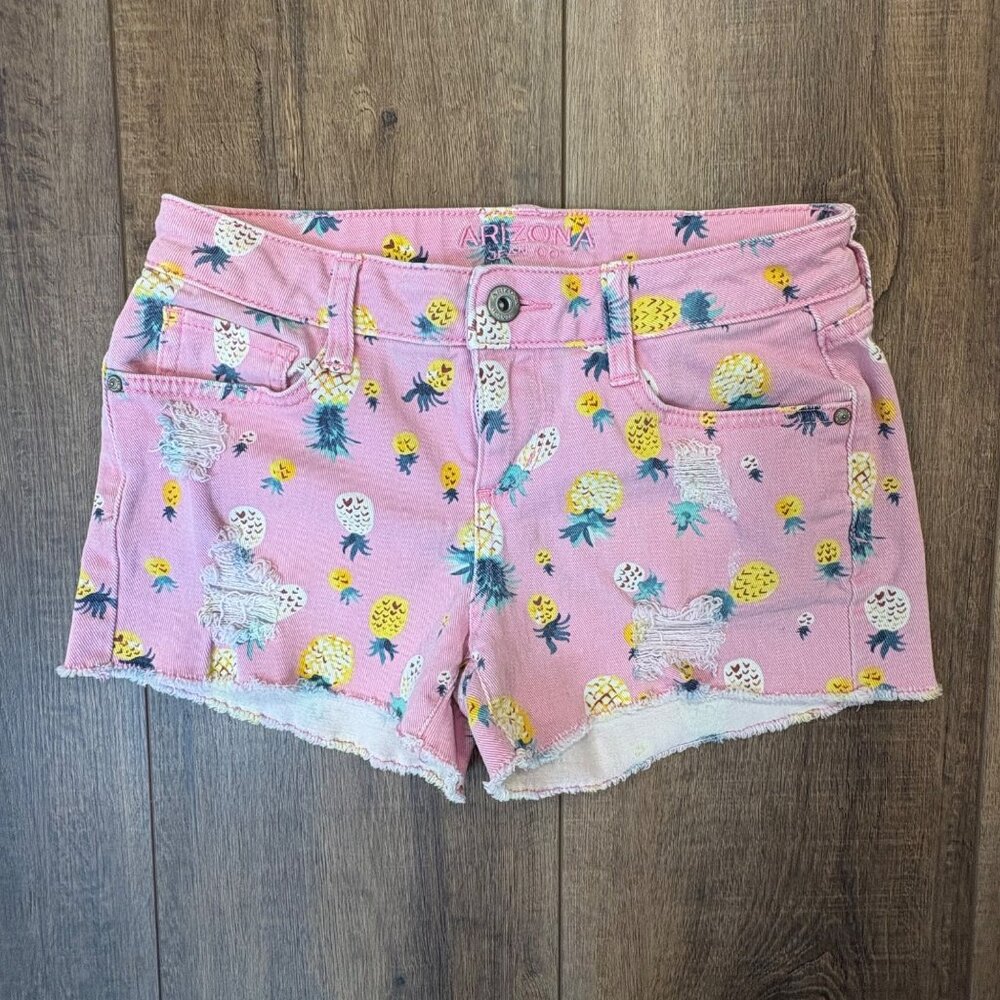 Arizona Jean Co Pink Pineapple Distressed Denim Frayed Shorts Sz 3 Vintage Retro